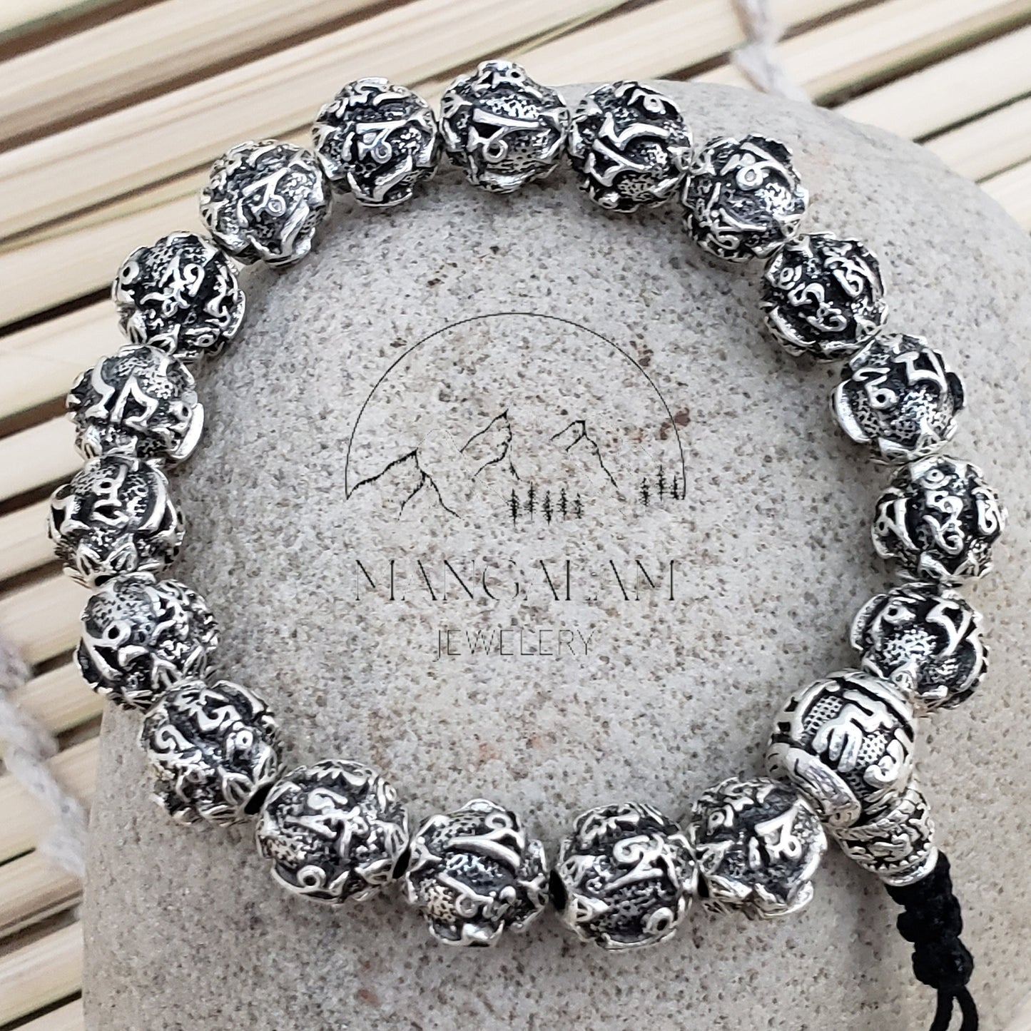 Tibetan mantra "Om Mani Padme Hum" carved wrist mala, Bracelet, Yoga Gift