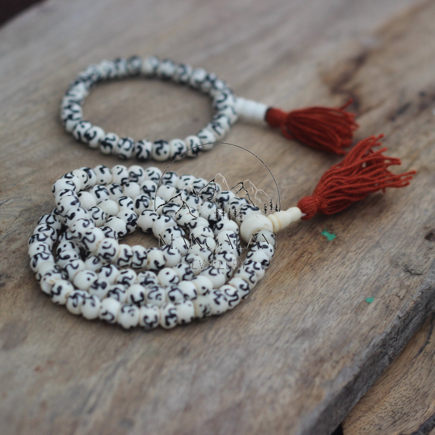 Om engraved White Yak Bone Mala with Bracelet, Kapala Prayer Beads, Protection Necklace, Buddhist Jewelry, Yoga Gifts, Handmade Jewelry
