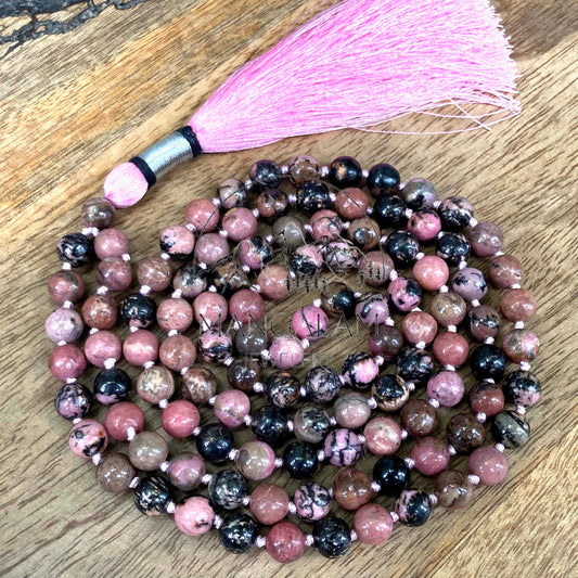 Healing Heart Mala, Rhodonite Mala 8MM, Rhodonite Necklace, Tibetan Mala, Yoga Gifts for Her, Spiritual Gifts, 108 Bead Mala, Japa Mala