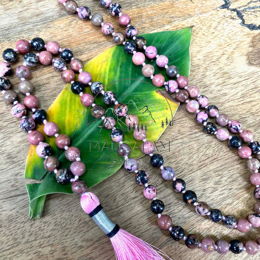 Healing Heart Mala, Rhodonite Mala 8MM, Rhodonite Necklace, Tibetan Mala, Yoga Gifts for Her, Spiritual Gifts, 108 Bead Mala, Japa Mala