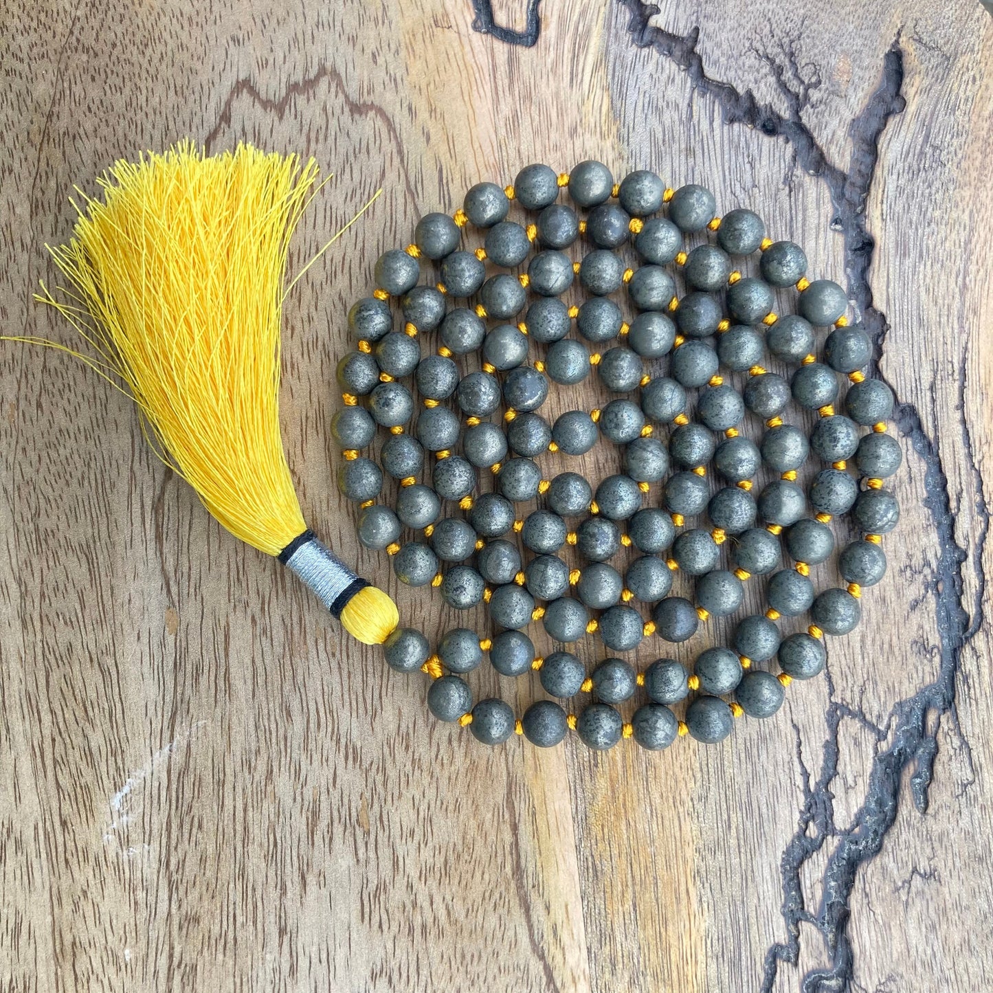 Golden Pyrite Mala For Making Wealth, Fools Gold Jewelry, Pyrite Necklace, Hand Knotted, Statement Necklace, Gift For Yoga Lover