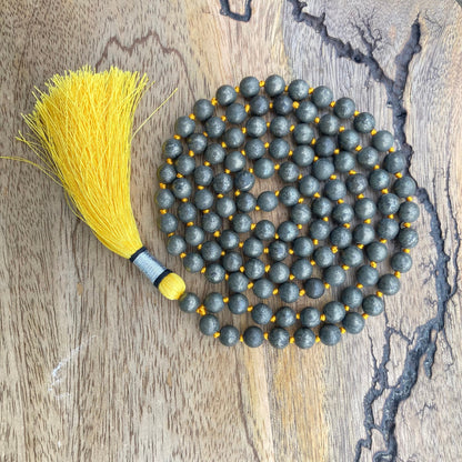 Golden Pyrite Mala For Making Wealth, Fools Gold Jewelry, Pyrite Necklace, Hand Knotted, Statement Necklace, Gift For Yoga Lover