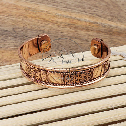 Flower of life Copper Magnetic Bracelet, Hindu God Engraved Bracelet, Hammered Cuff Bracelet, Pain Relief Bracelet with magnet