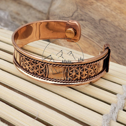Flower of life Copper Magnetic Bracelet, Hindu God Engraved Bracelet, Hammered Cuff Bracelet, Pain Relief Bracelet with magnet