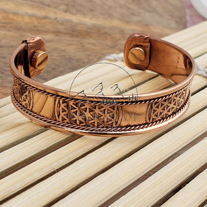 Flower of life Copper Magnetic Bracelet, Hindu God Engraved Bracelet, Hammered Cuff Bracelet, Pain Relief Bracelet with magnet