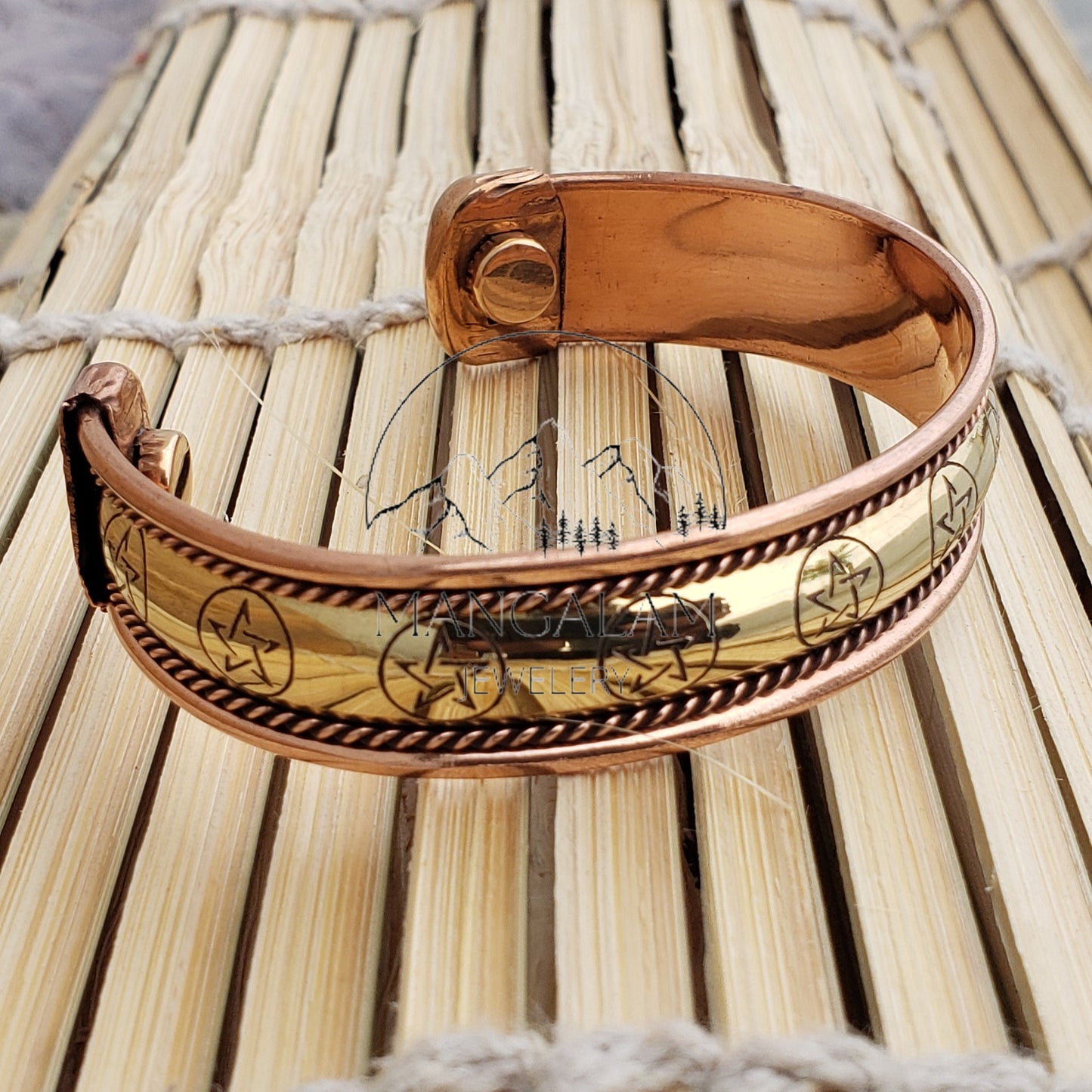 Pantacle Copper Brass Magnetic Bracelet, Engraved Bracelet, Hammered Cuff Bracelet, Pain Relief Bracelet with magnet