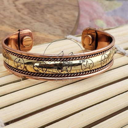 Pantacle Copper Brass Magnetic Bracelet, Engraved Bracelet, Hammered Cuff Bracelet, Pain Relief Bracelet with magnet