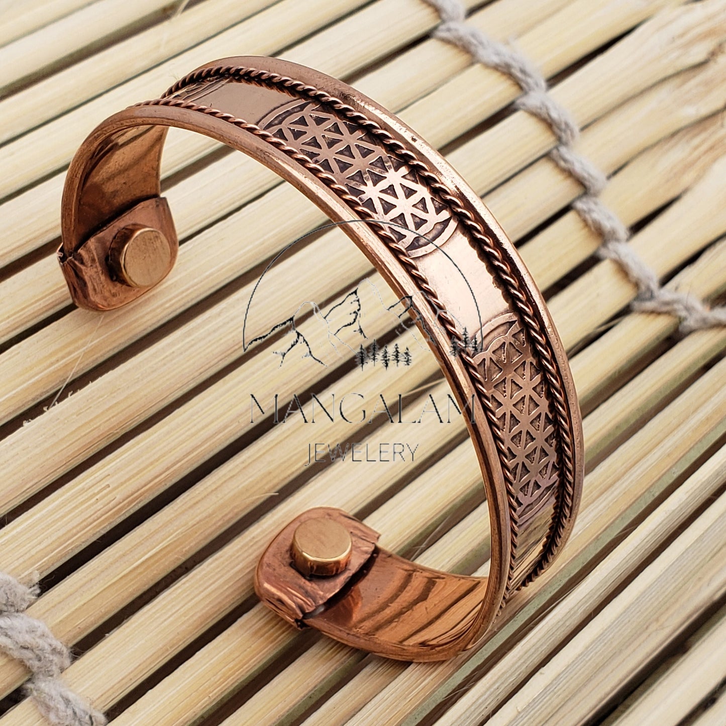 Flower of life Copper Magnetic Bracelet, Hindu God Engraved Bracelet, Hammered Cuff Bracelet, Pain Relief Bracelet with magnet