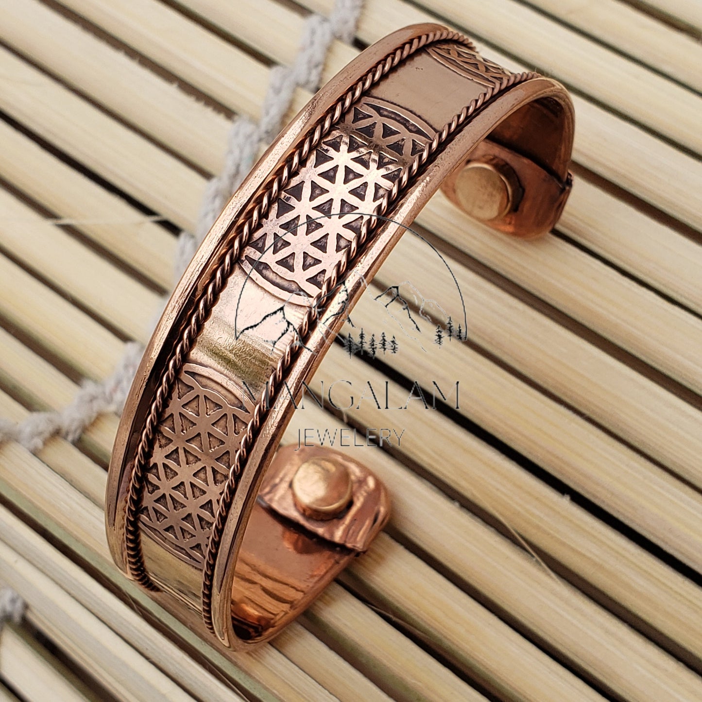 Flower of life Copper Magnetic Bracelet, Hindu God Engraved Bracelet, Hammered Cuff Bracelet, Pain Relief Bracelet with magnet