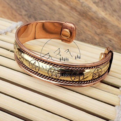Pantacle Copper Brass Magnetic Bracelet, Engraved Bracelet, Hammered Cuff Bracelet, Pain Relief Bracelet with magnet