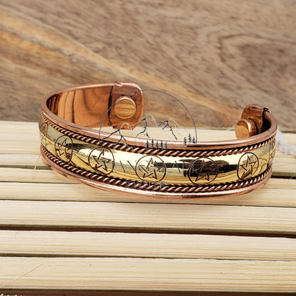 Pantacle Copper Brass Magnetic Bracelet, Engraved Bracelet, Hammered Cuff Bracelet, Pain Relief Bracelet with magnet