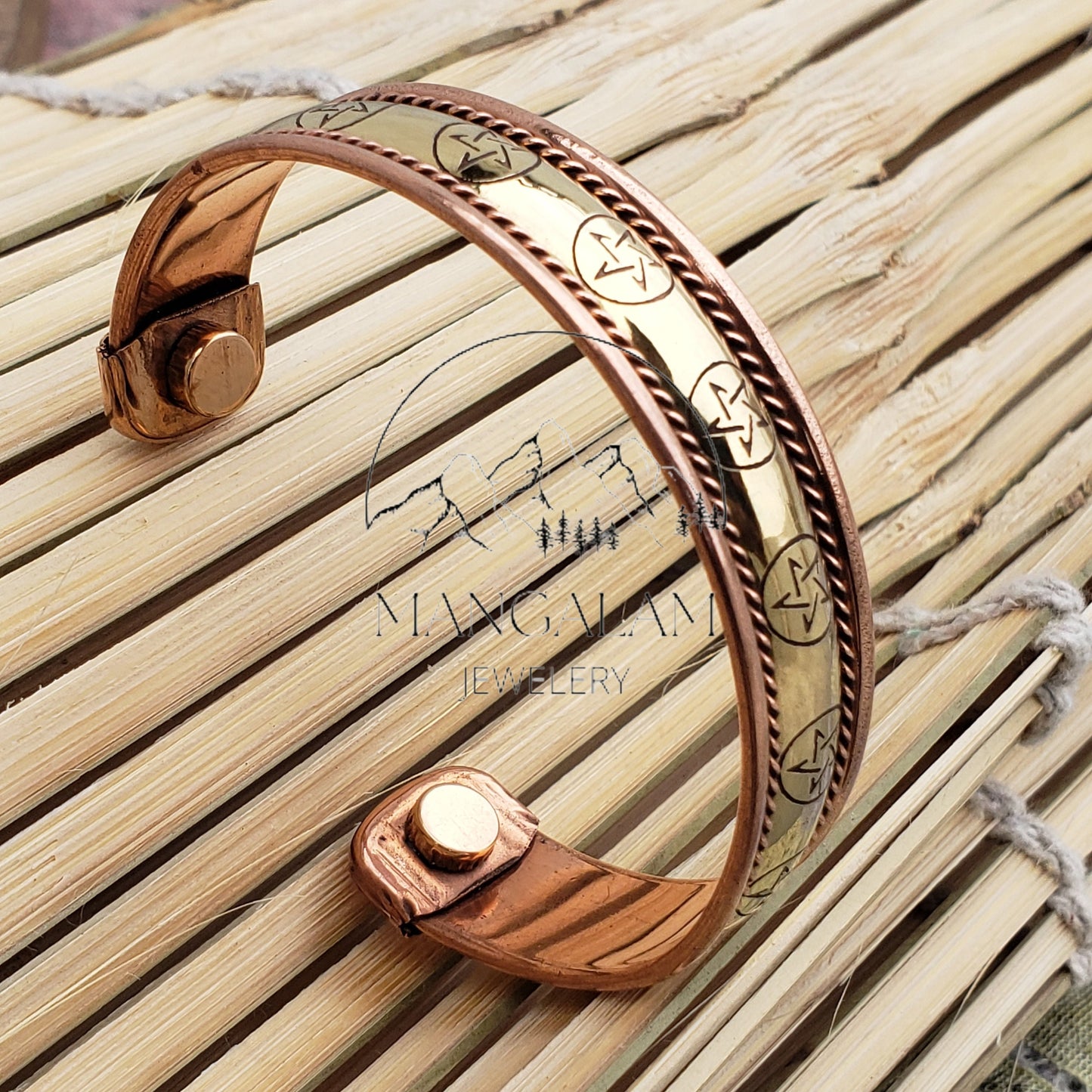 Pantacle Copper Brass Magnetic Bracelet, Engraved Bracelet, Hammered Cuff Bracelet, Pain Relief Bracelet with magnet