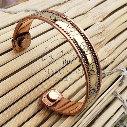Pantacle Copper Brass Magnetic Bracelet, Engraved Bracelet, Hammered Cuff Bracelet, Pain Relief Bracelet with magnet
