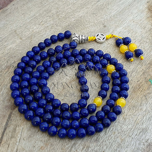 10 MM Natural AAA Undyed Tibetan Mantra Lapis Lazuli 10mm Beads Stone Japa Mala, Prayer Mala, Endless knot, Om Mani Padme Hum Mantra
