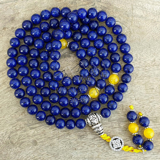 10 MM Natural AAA Undyed Tibetan Mantra Lapis Lazuli 10mm Beads Stone Japa Mala, Prayer Mala, Endless knot, Om Mani Padme Hum Mantra