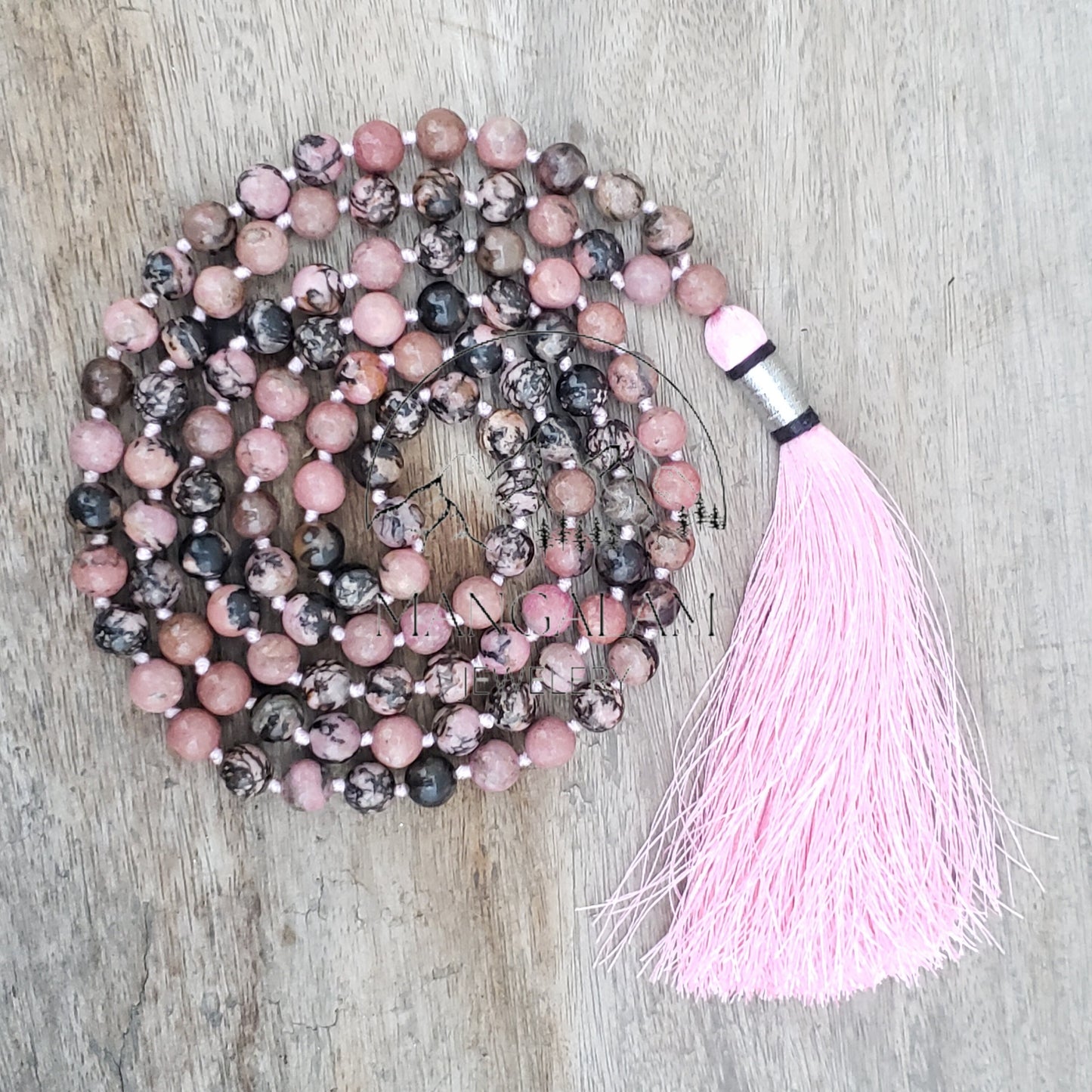 Rhodonite Mala 8 MM, Rhodonite Necklace, Tibetan Mala, Rhodonite Mala, Yoga Gifts for Her, Spiritual Gifts, 108 Bead Mala, Japa Mala
