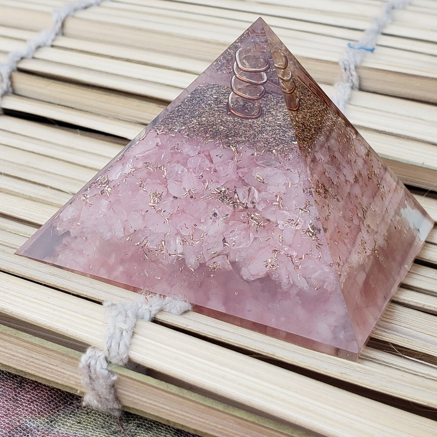 Rose Quartz Orgone Pyramid with Reiki Sign with Clear quartz Point | Rose Quartz Orgonite Pyramid | Stone of Love | Heart Chakra Pyramid