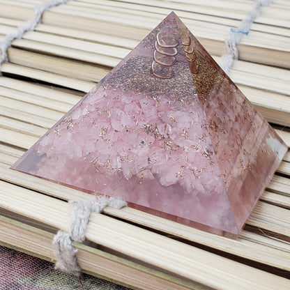 Rose Quartz Orgone Pyramid with Reiki Sign with Clear quartz Point | Rose Quartz Orgonite Pyramid | Stone of Love | Heart Chakra Pyramid