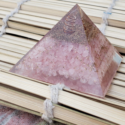 Rose Quartz Orgone Pyramid with Reiki Sign with Clear quartz Point | Rose Quartz Orgonite Pyramid | Stone of Love | Heart Chakra Pyramid