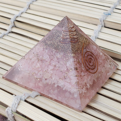 Rose Quartz Orgone Pyramid with Reiki Sign with Clear quartz Point | Rose Quartz Orgonite Pyramid | Stone of Love | Heart Chakra Pyramid
