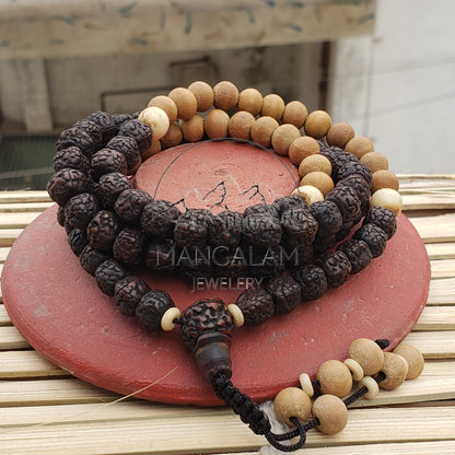Natural aged Rudraksha Mala With Sadalwood Mala Beads, Yak Bone Beads Mala Statement Nceklace, Gift For Yoga Lovers