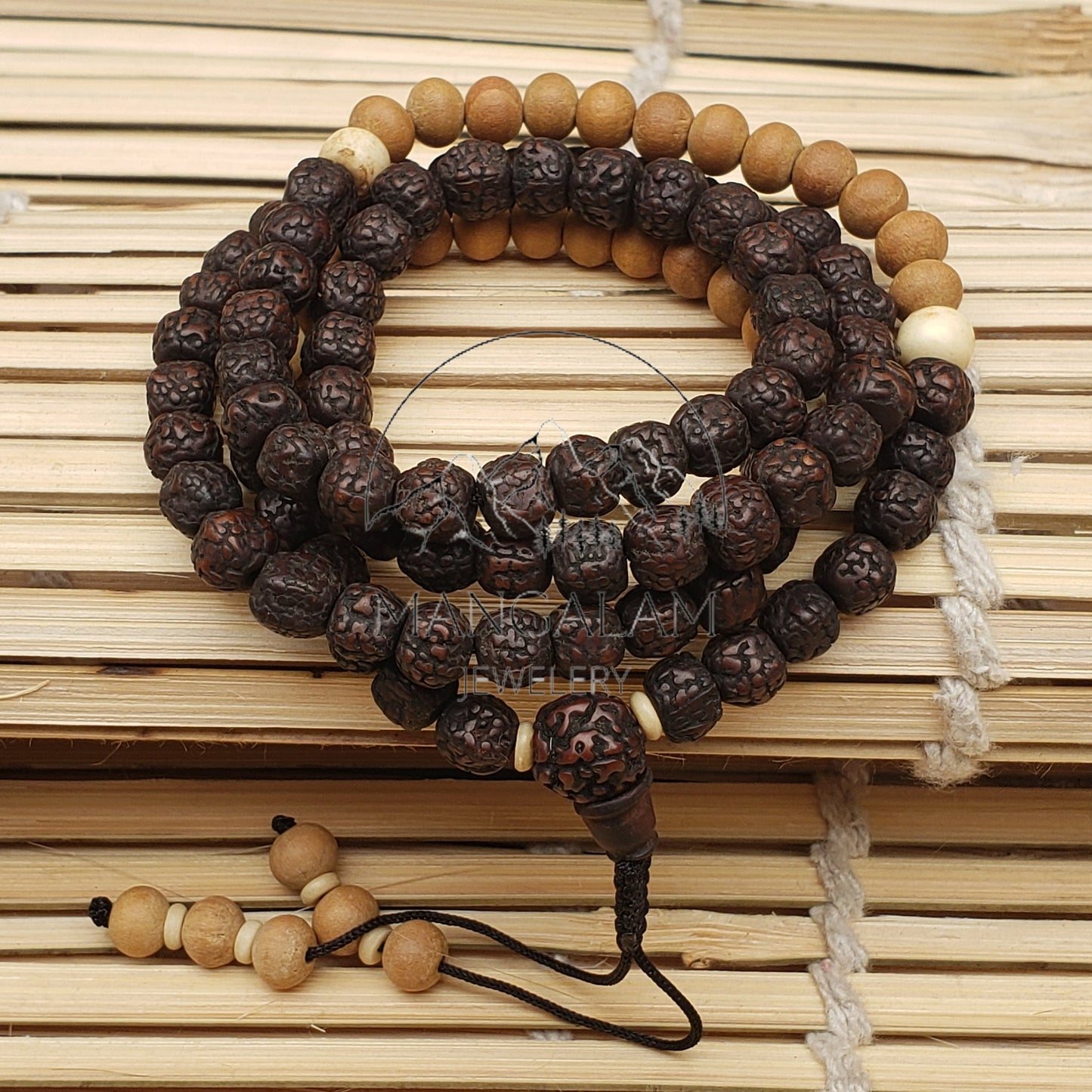 Natural aged Rudraksha Mala With Sadalwood Mala Beads, Yak Bone Beads Mala Statement Nceklace, Gift For Yoga Lovers