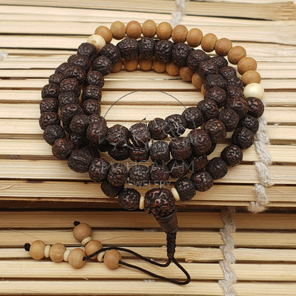 Natural aged Rudraksha Mala With Sadalwood Mala Beads, Yak Bone Beads Mala Statement Nceklace, Gift For Yoga Lovers