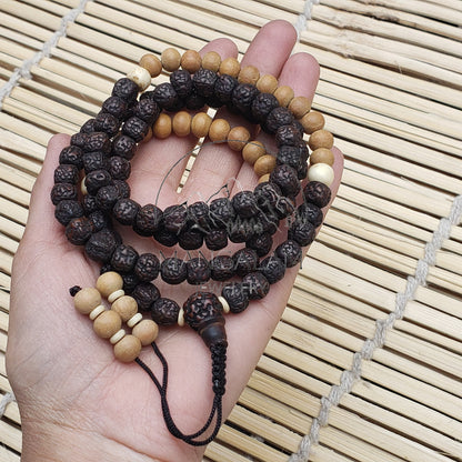 Natural aged Rudraksha Mala With Sadalwood Mala Beads, Yak Bone Beads Mala Statement Nceklace, Gift For Yoga Lovers