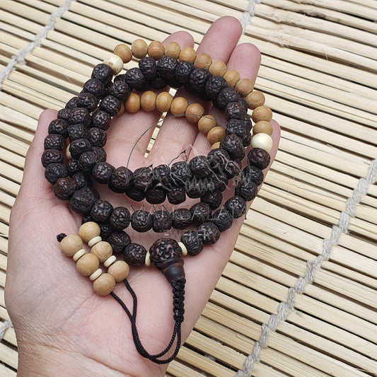 Natural aged Rudraksha Mala With Sadalwood Mala Beads, Yak Bone Beads Mala Statement Nceklace, Gift For Yoga Lovers