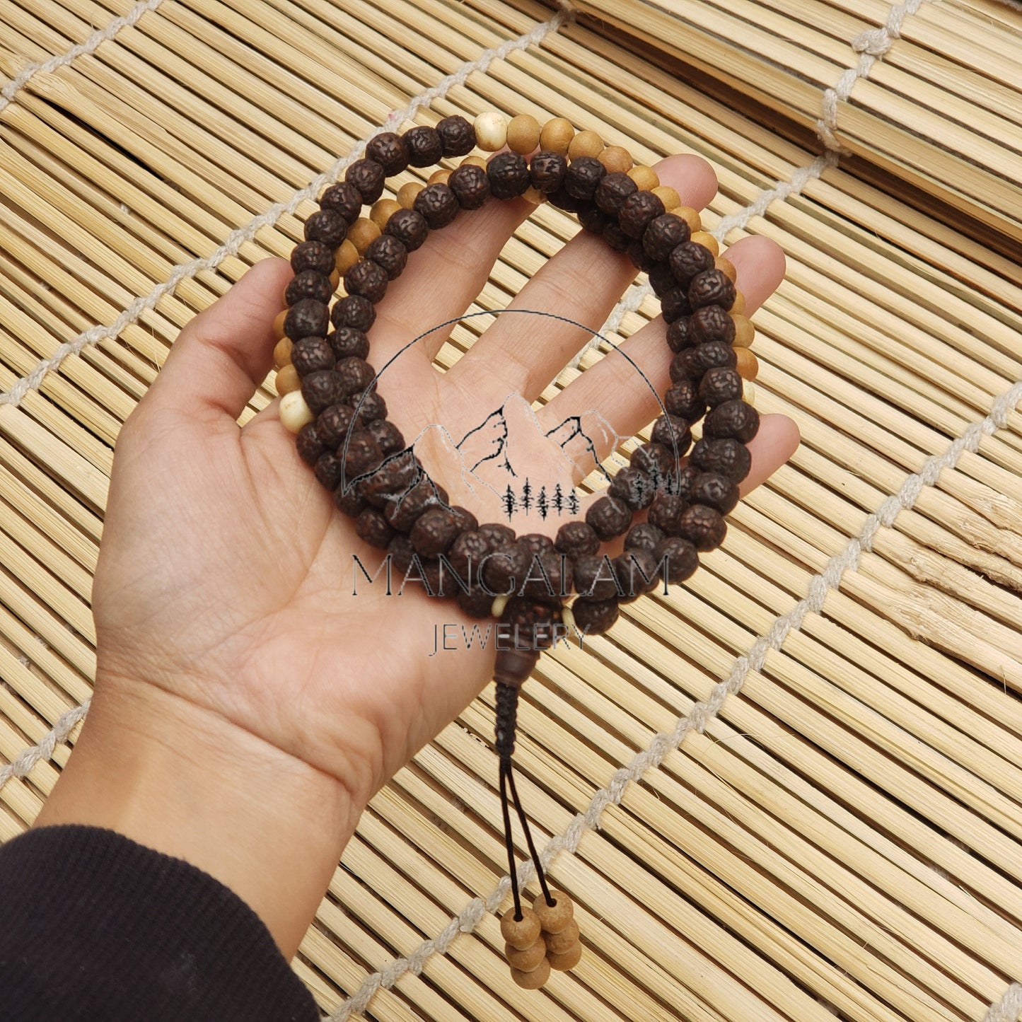 Natural aged Rudraksha Mala With Sadalwood Mala Beads, Yak Bone Beads Mala Statement Nceklace, Gift For Yoga Lovers