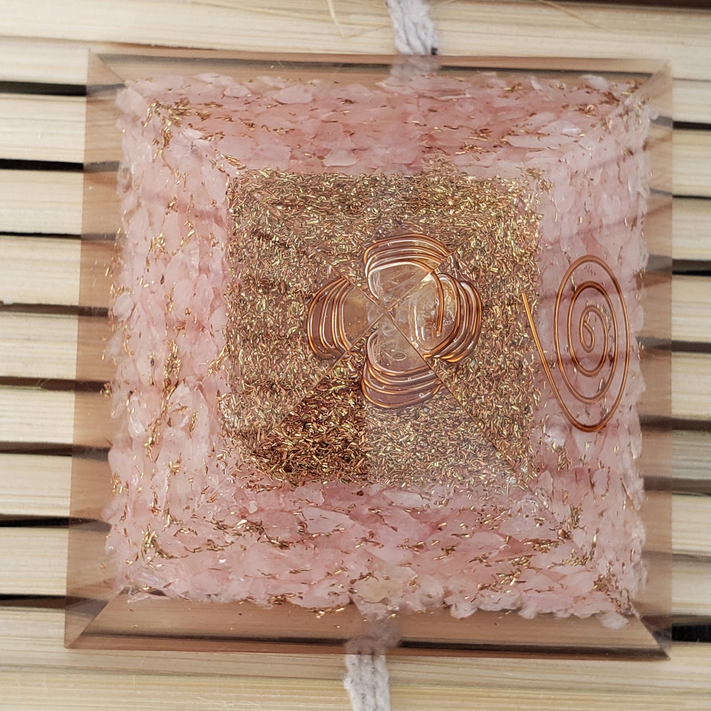 Rose Quartz Orgone Pyramid with Reiki Sign with Clear quartz Point | Rose Quartz Orgonite Pyramid | Stone of Love | Heart Chakra Pyramid