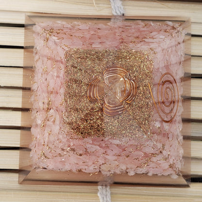 Rose Quartz Orgone Pyramid with Reiki Sign with Clear quartz Point | Rose Quartz Orgonite Pyramid | Stone of Love | Heart Chakra Pyramid