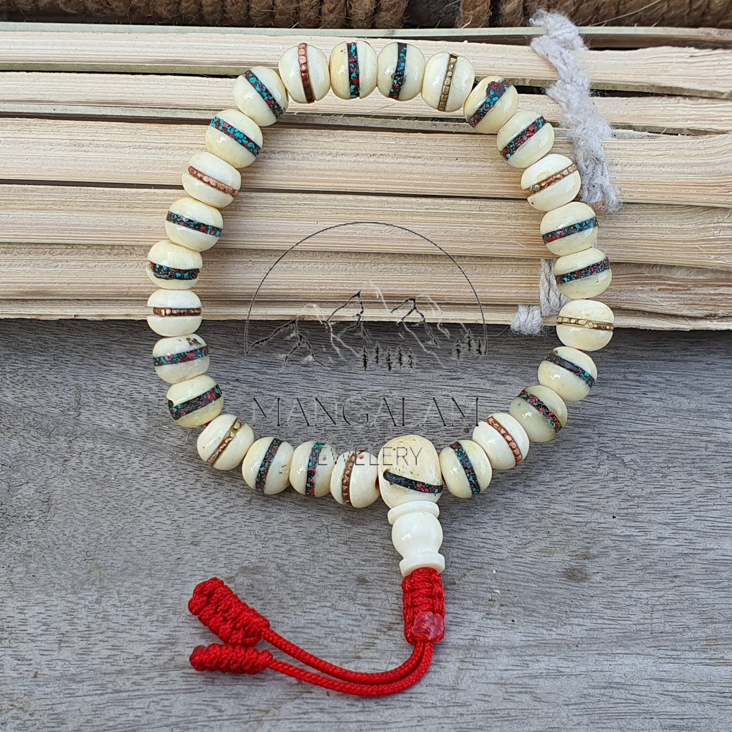 Inlayed Yak Bone Bracelet, Kapala Prayer Beads, Protection Bracelet, Buddhist Jewelry, Yoga Gifts, Handmade Jewelry