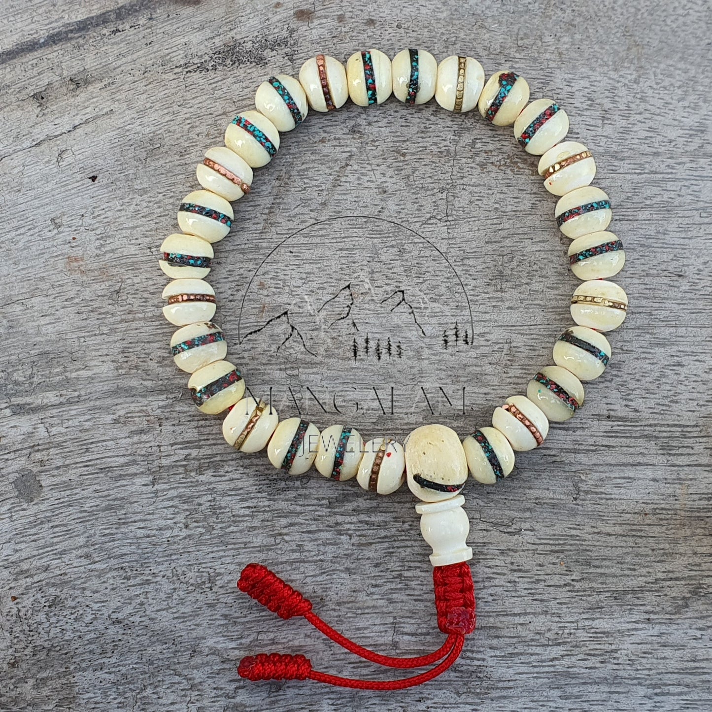 Inlayed Yak Bone Bracelet, Kapala Prayer Beads, Protection Bracelet, Buddhist Jewelry, Yoga Gifts, Handmade Jewelry