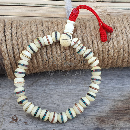 Inlayed Yak Bone Bracelet, Kapala Prayer Beads, Protection Bracelet, Buddhist Jewelry, Yoga Gifts, Handmade Jewelry