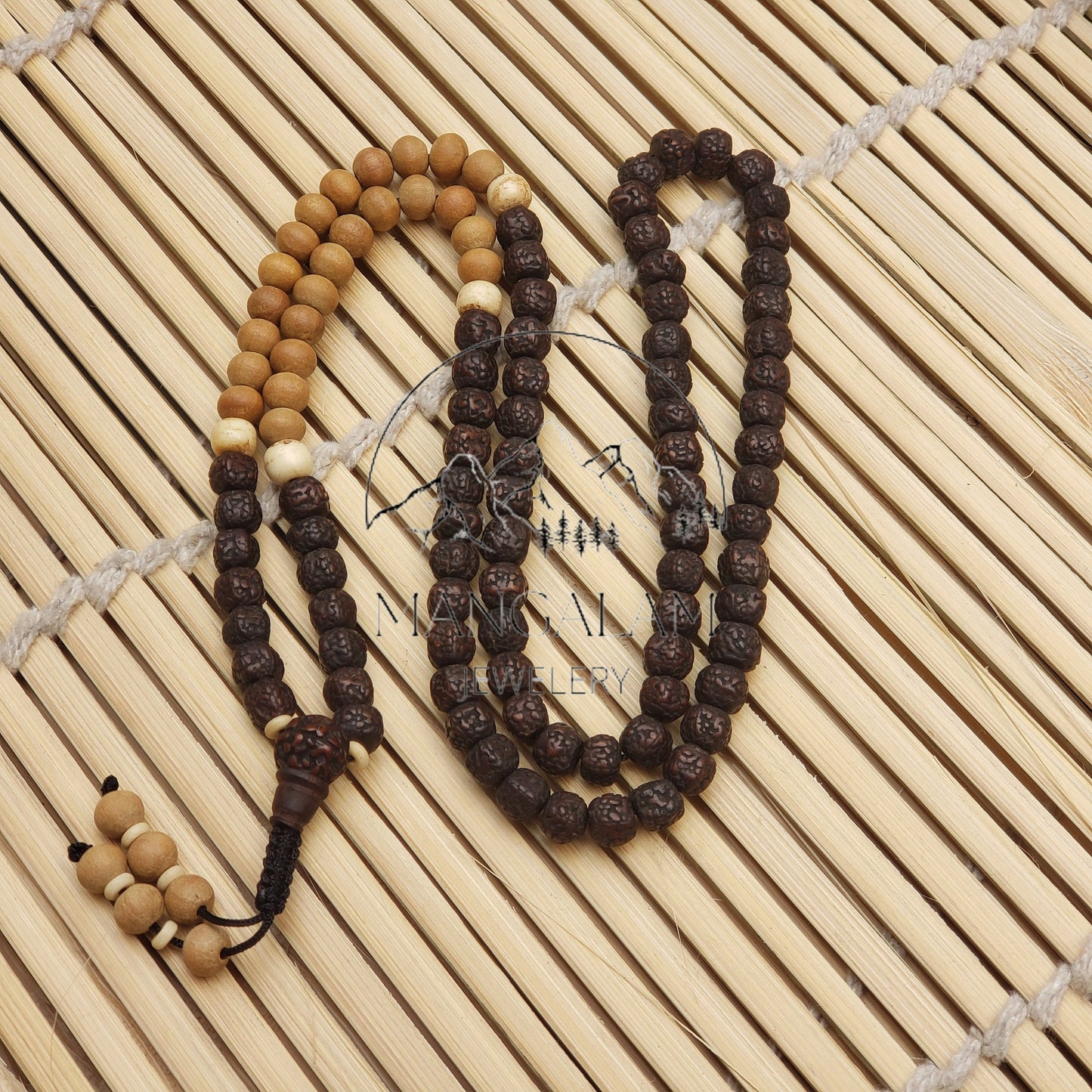 Natural aged Rudraksha Mala With Sadalwood Mala Beads, Yak Bone Beads Mala Statement Nceklace, Gift For Yoga Lovers