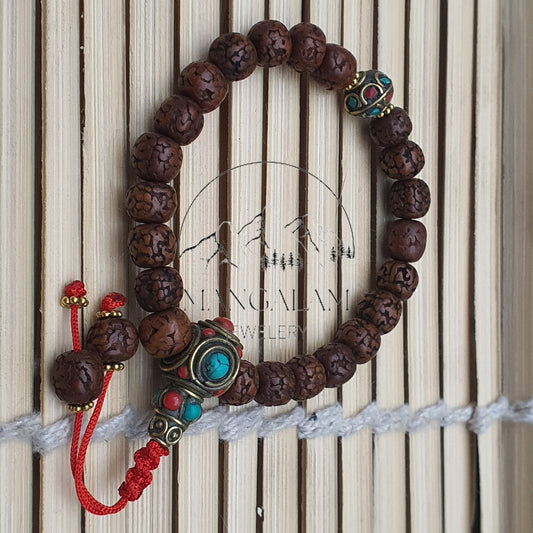 Natural Aged Dark Black Rudraksha Adjustable Bracelet With Inlaid Brass Beads, Shiva Bracelet, Yoga Bracelet, Yoga Gifts, Healing Bracelet