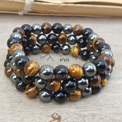 Triple Protection Crystal Bracelet, Obsidian, Tiger Eye, Hematite Healing Bracelet, Protection Bracelet, Health Bracelet, Luck & Prosperity
