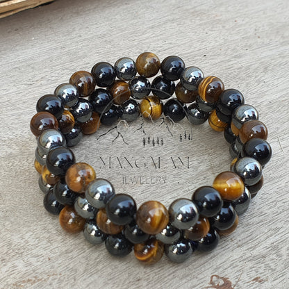 Triple Protection Crystal Bracelet, Obsidian, Tiger Eye, Hematite Healing Bracelet, Protection Bracelet, Health Bracelet, Luck & Prosperity