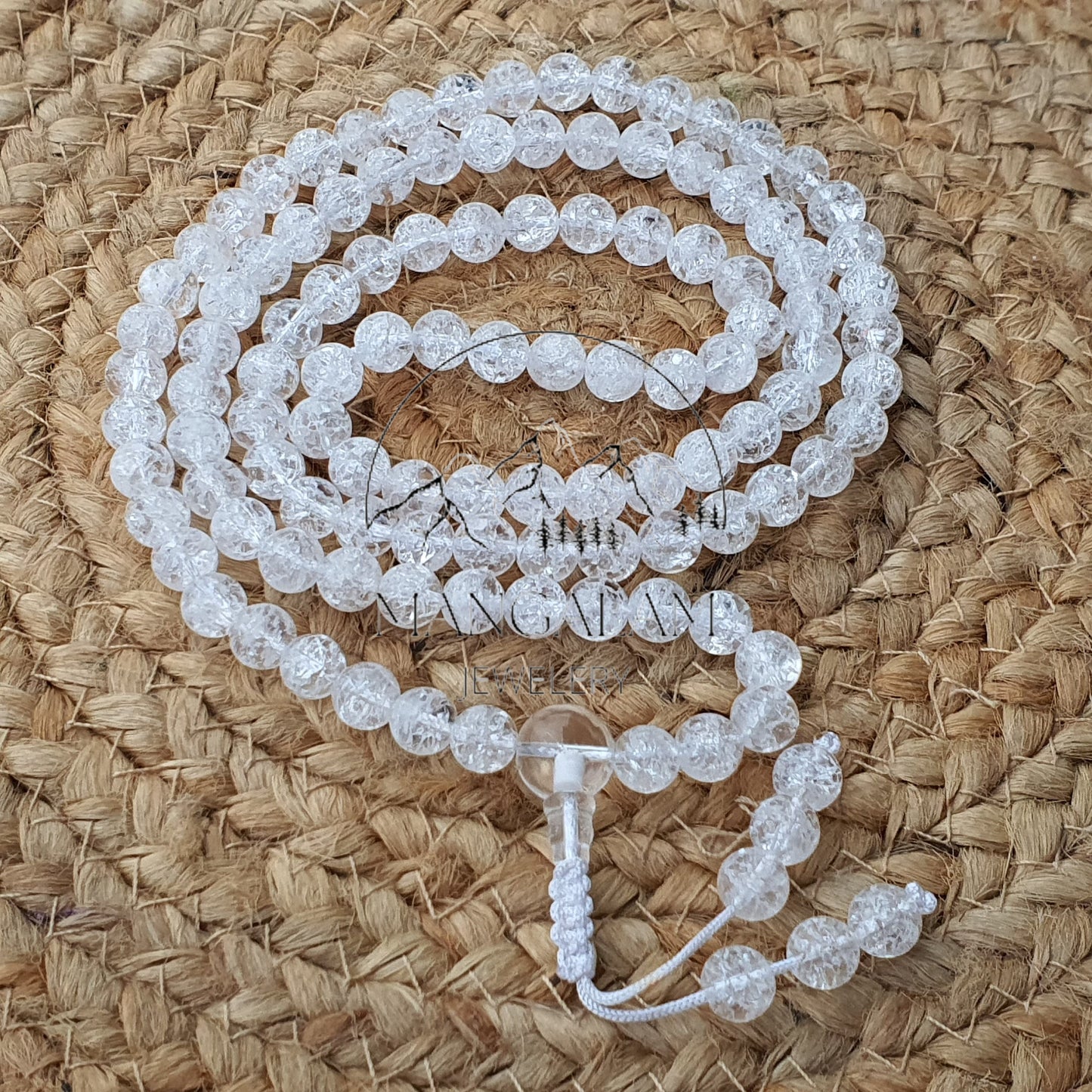 Crackle Clear Quartz Buddhist Necklace For Clarity, 108 Mala Beads, Crackle Crystal Quartz Mala, Statement Necklace, Gift For Yoga Lover