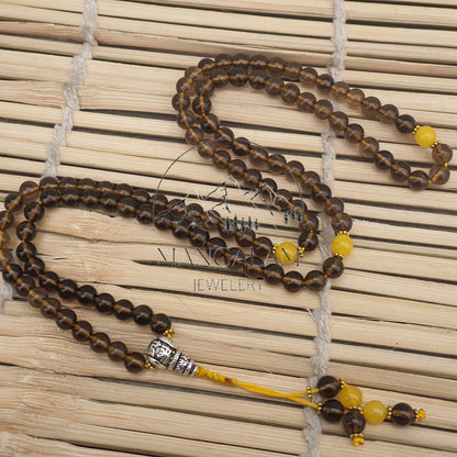 Smoky Quartz Buddhist Mala, Quartz Necklace, Smokey Quartz Necklace, Prayer Mala Necklace, gift for yoga lover