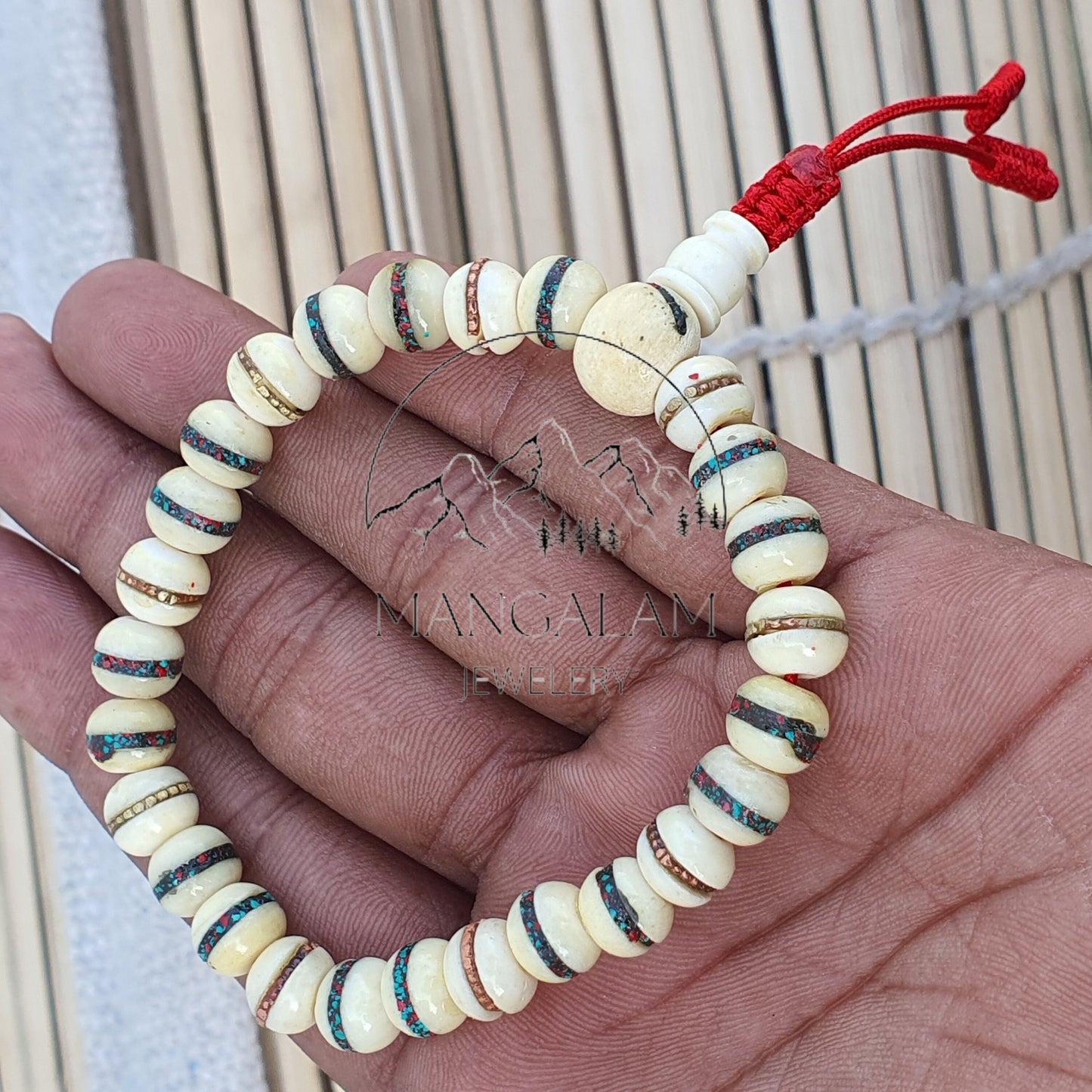 Inlayed Yak Bone Bracelet, Kapala Prayer Beads, Protection Bracelet, Buddhist Jewelry, Yoga Gifts, Handmade Jewelry