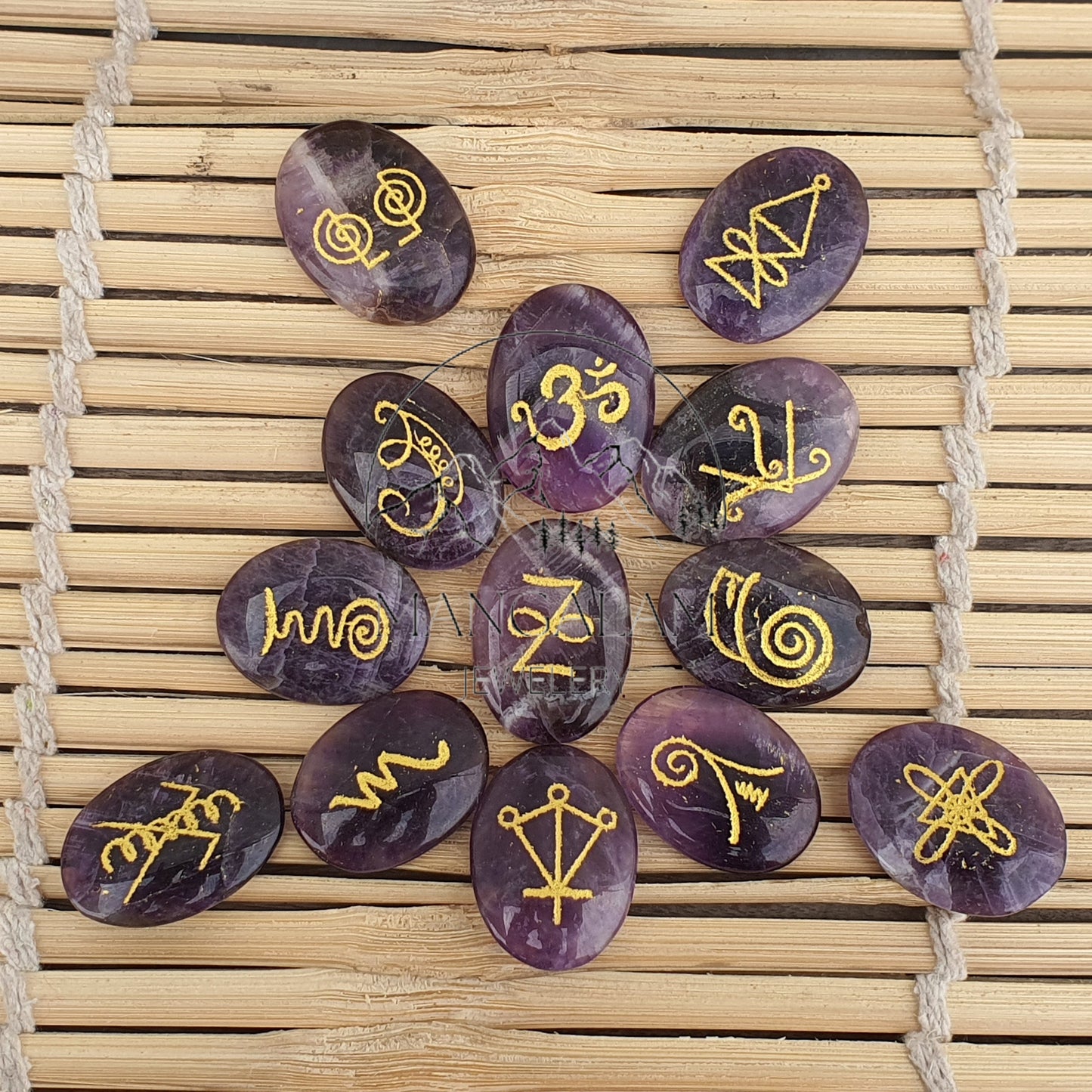 Karuna Reiki Set, Amethyst Karuna Runes, Complete 13 Piece Crystal Engraved Karuna Symbol Reiki Runes, Amethyst Reiki Set