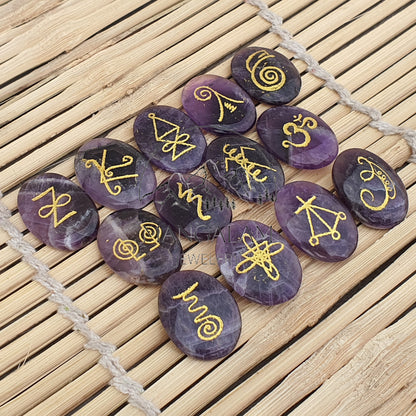 Karuna Reiki Set, Amethyst Karuna Runes, Complete 13 Piece Crystal Engraved Karuna Symbol Reiki Runes, Amethyst Reiki Set