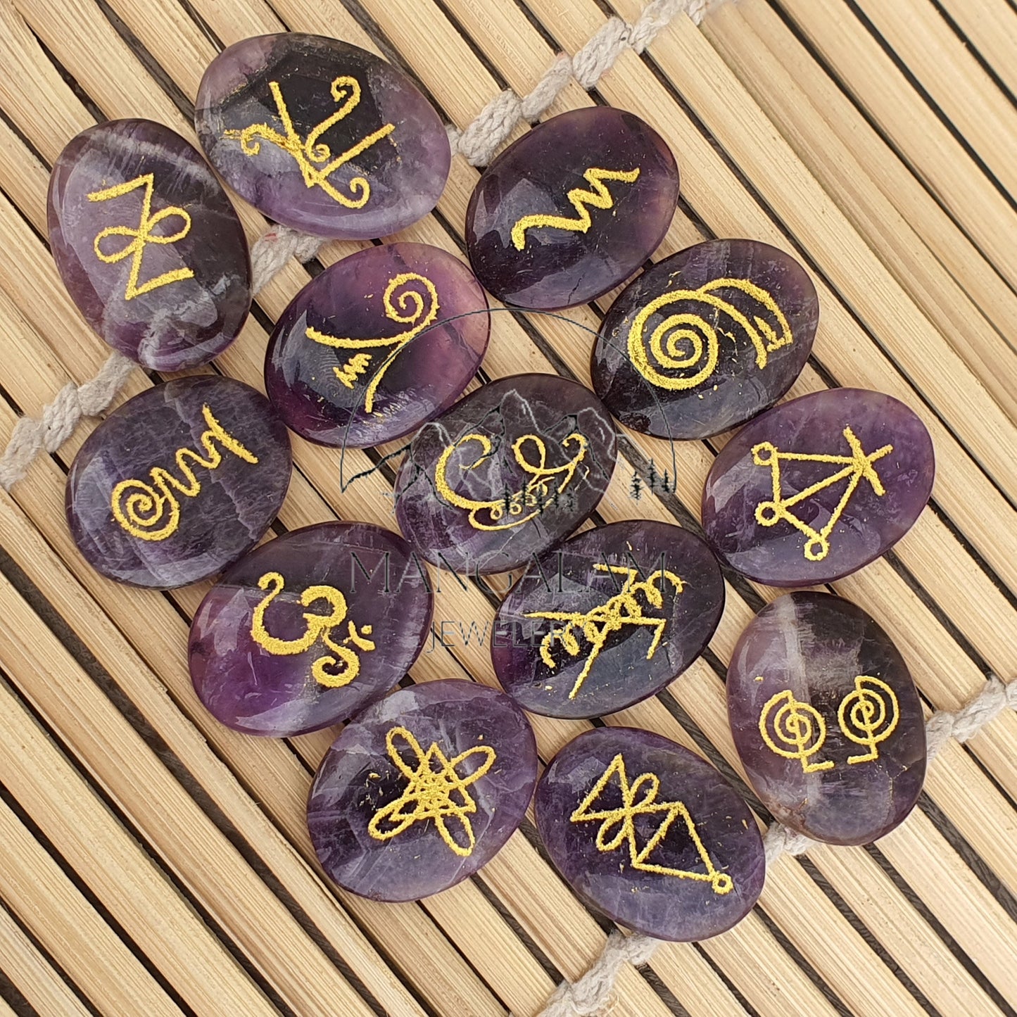 Karuna Reiki Set, Amethyst Karuna Runes, Complete 13 Piece Crystal Engraved Karuna Symbol Reiki Runes, Amethyst Reiki Set