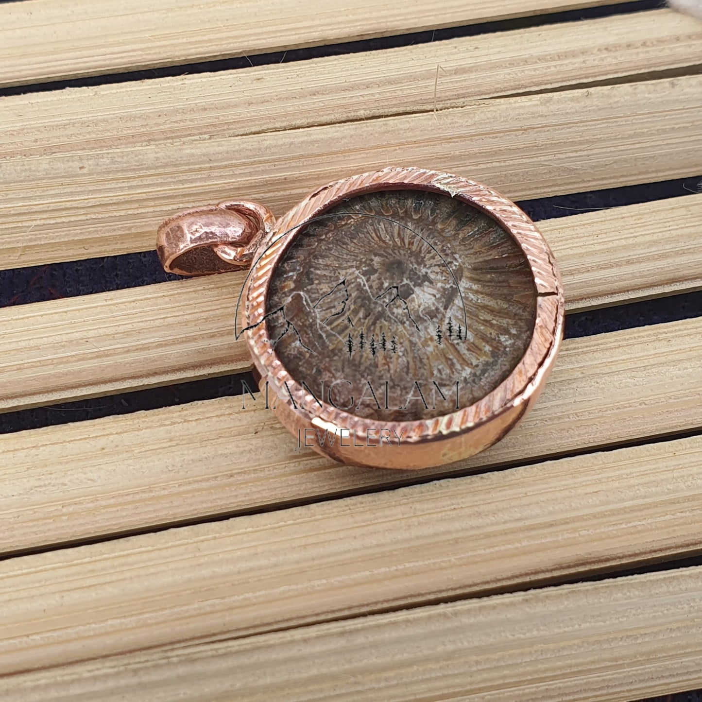 Shaligram in Copper Pendant, Religious Gifts, Sudarshan Saligram Stone Gandaki River Nepal, Ritual Object