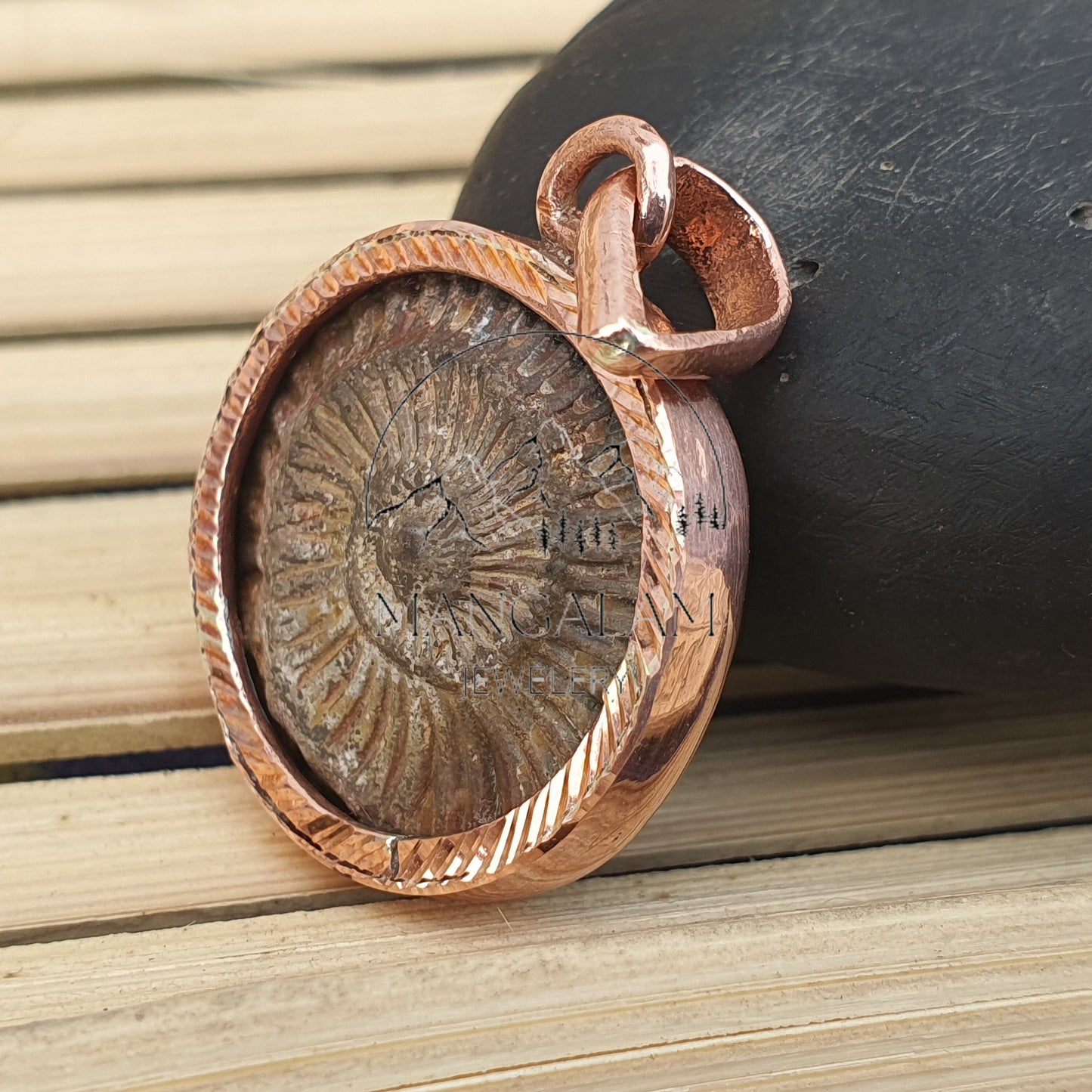 Shaligram in Copper Pendant, Religious Gifts, Sudarshan Saligram Stone Gandaki River Nepal, Ritual Object