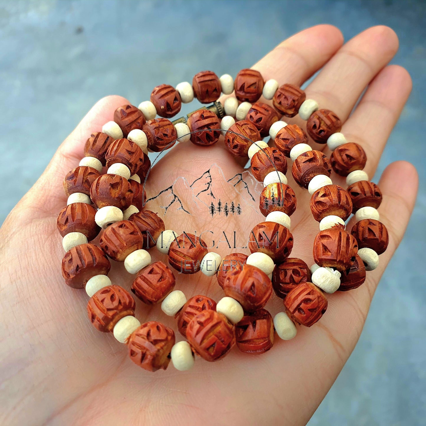 Radha Engraved Light Brown Tulsi Mala, Basil Wood 1 Round Handmade Tulsi, Necklace • Tulsi Kantha Mala • Tulsi Beads • Tulsi Choker Radhe