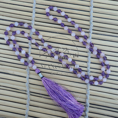Protection And Love Mala 8MM, Multi Stone Necklace, Rose Quartz Mala, Amethyst Mala, 108 Mala Beads, Handmade Necklace,