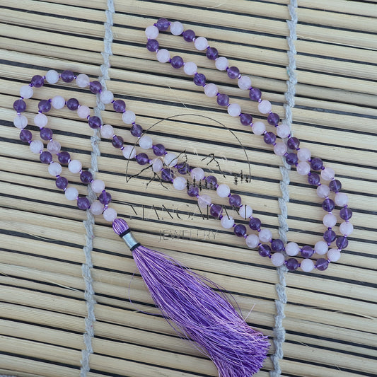Protection And Love Mala 8MM, Multi Stone Necklace, Rose Quartz Mala, Amethyst Mala, 108 Mala Beads, Handmade Necklace,